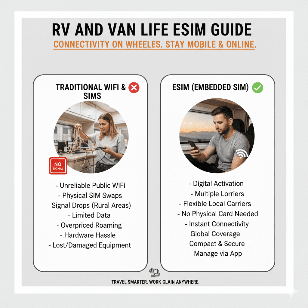 RV traveler using eSIM for connectivity on open road with national park and highway scenes