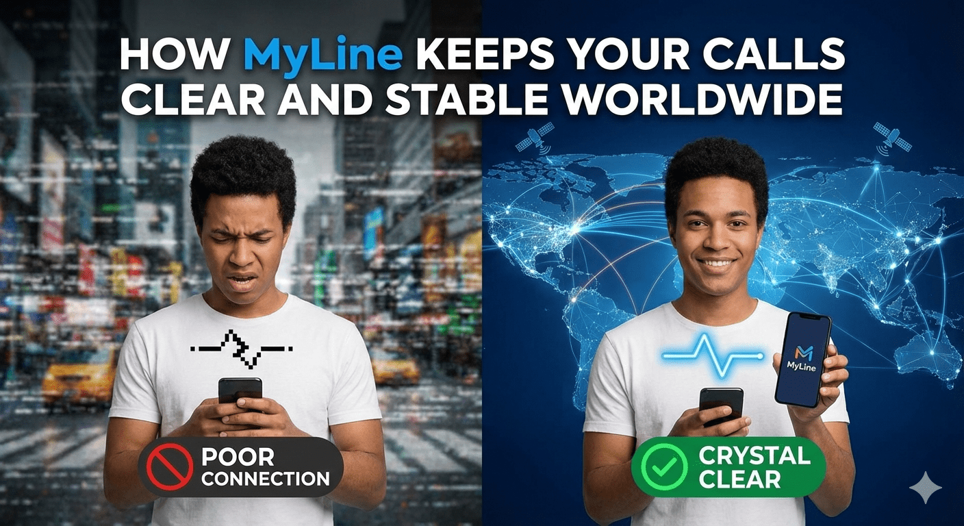 MyLine app showing clear international call with global stability icons