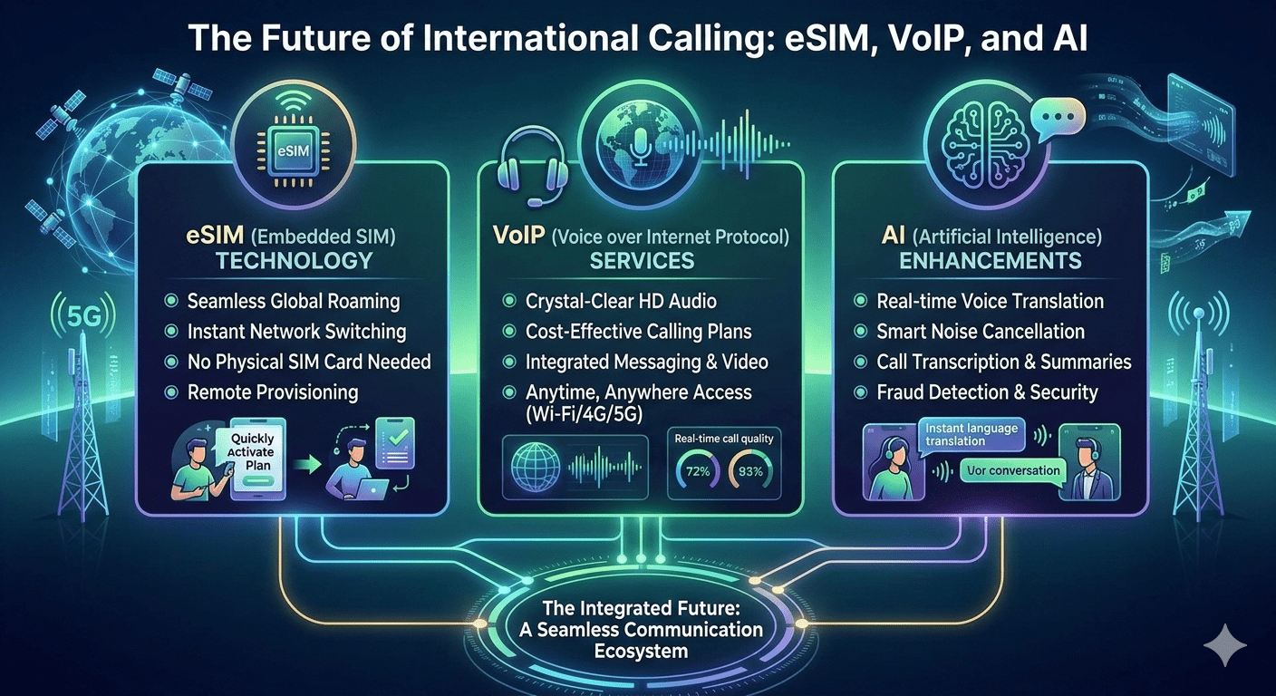 Futuristic phone with eSIM, VoIP, and AI icons on global map