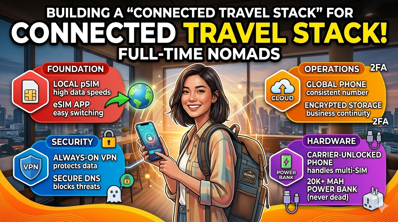 Digital nomad working on laptop in Bali with MyLine eSIM, VPN, and cloud tools open