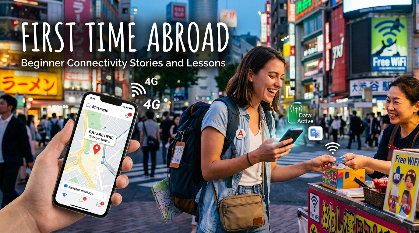 First-time traveler at airport activating MyLine eSIM on phone