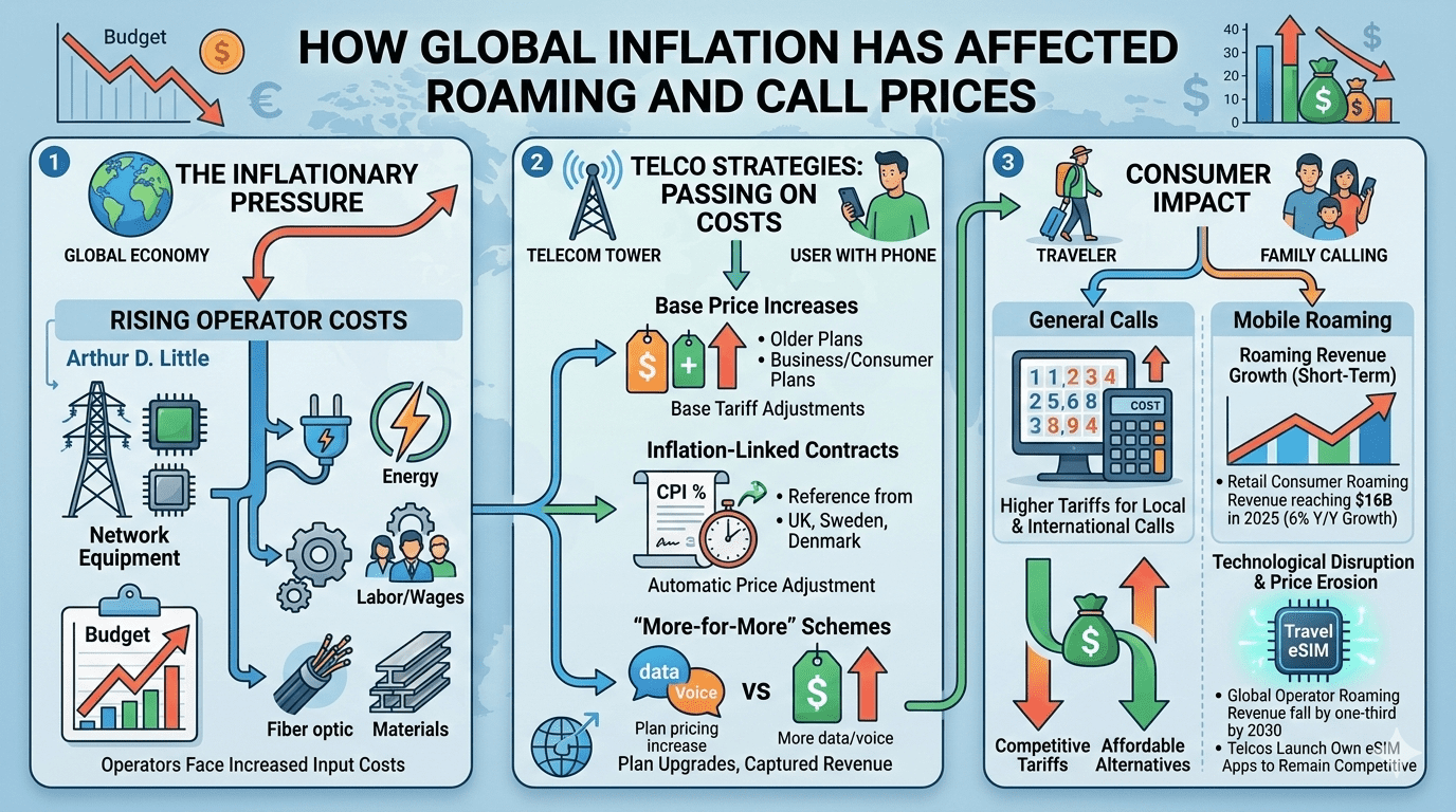 Graph showing inflation impact on telecom prices with global map