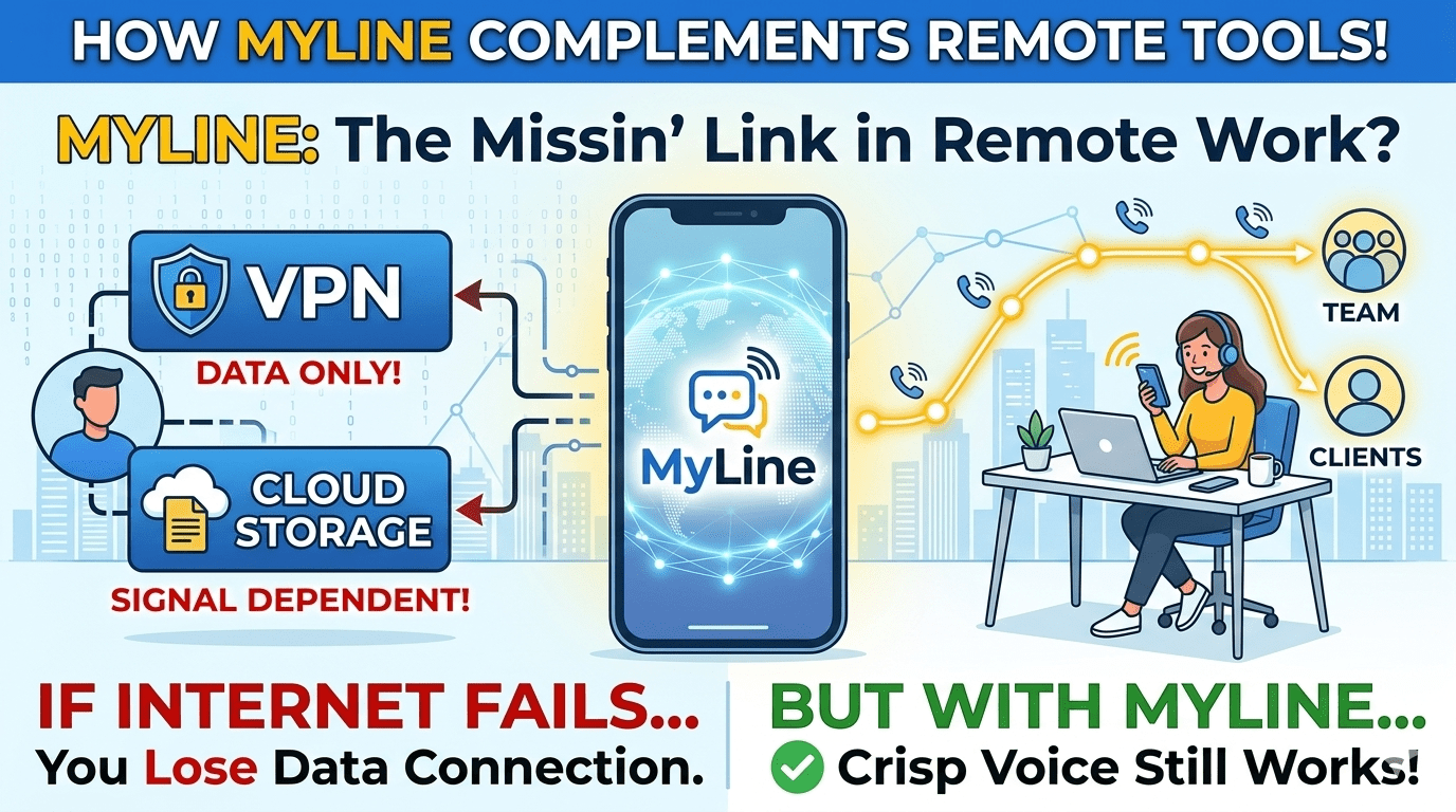 Remote worker using laptop with MyLine eSIM, VPN, cloud storage, and collaboration tools open