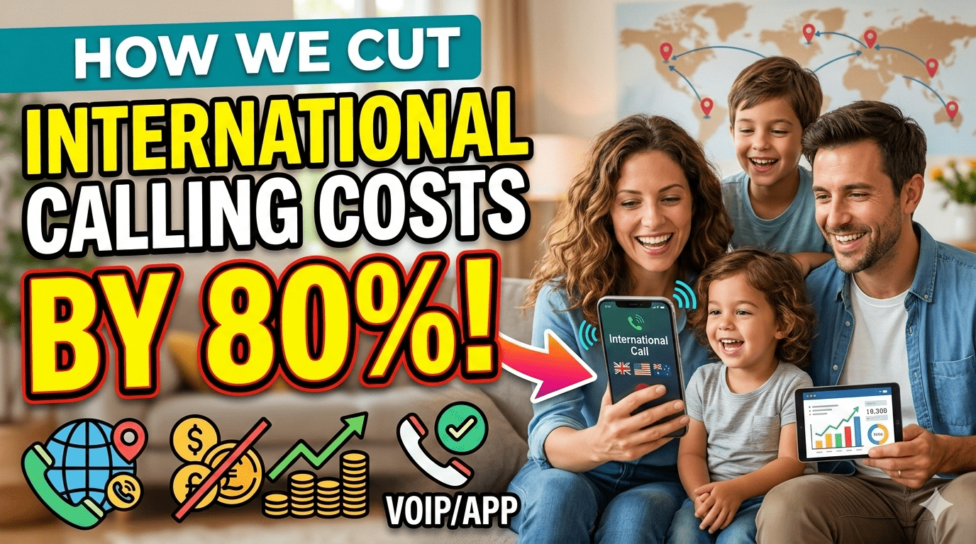 Happy family video calling relatives abroad using MyLine app