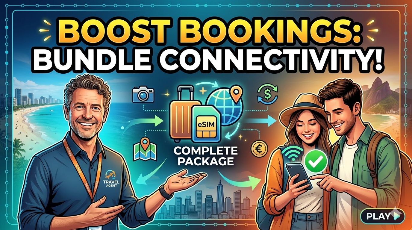 Travel agent showing MyLine eSIM bundle to happy clients planning international trip
