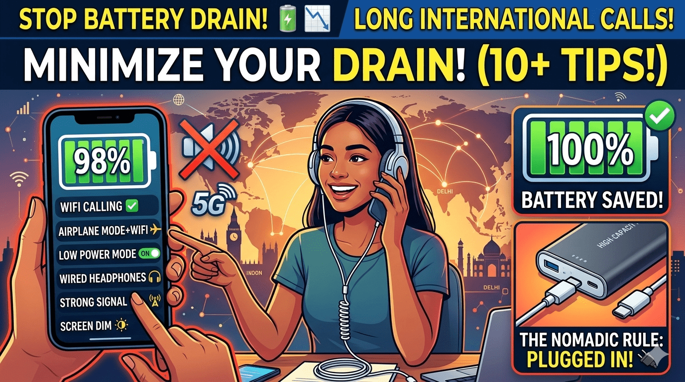 Man on long international call with phone showing good battery life using MyLine