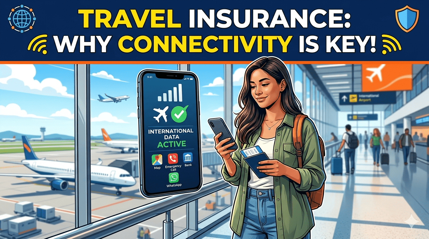 Traveler checking phone with travel insurance and MyLine eSIM during emergency abroad