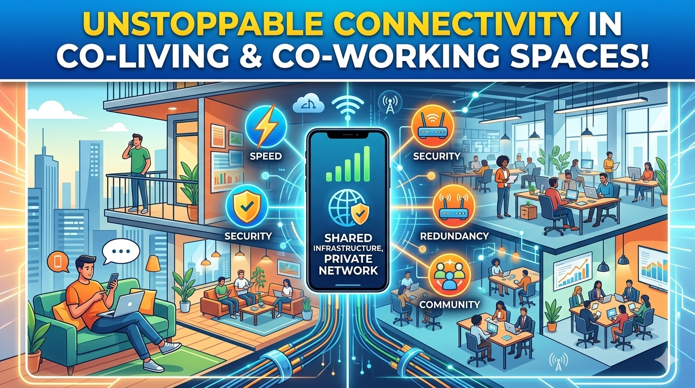 Modern co-living space with digital nomads working on laptops using seamless MyLine connectivity
